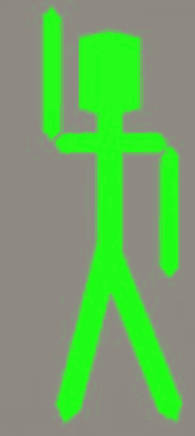 a green stick figure is standing on a gray background and holding a stick in his hand .