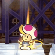 a cartoon toad with a pink and yellow polka dot hat and a yellow tail