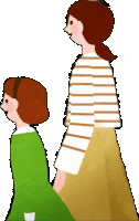 a woman in a striped shirt is walking with a little girl in a green dress