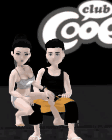 a man and a woman sitting in front of a club cooe logo