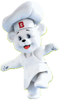 a polar bear wearing a chef 's hat with a letter b on it