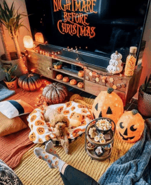 a dog is laying in a pumpkin bed in front of a tv that says nightmare before christmas