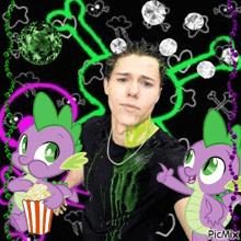 a picture of a man with two purple dragons and a popcorn bucket with the caption picmix