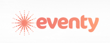 a logo for eventy has a fireworks display in the background