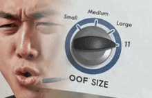 a man is making a face in front of a washer and dryer that says oof size on it