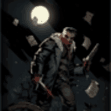 a man is holding a sword in front of a full moon in a dark room .