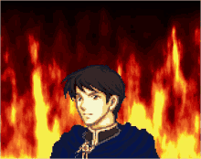 a pixel art of a man standing in front of a fire