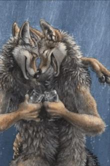 a painting of two wolves holding glasses of water