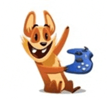 a cartoon dog is holding a blue video game controller and smiling .