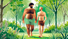 a painting of two men walking in the woods holding hands