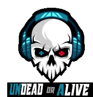 a logo with a skull wearing headphones and the words " undead or alive "