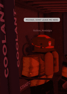 a cartoon character says michael dont leave me here in a red room