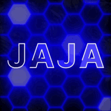 the word jaja is on a blue background with hexagons