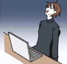 a cartoon of a man sitting at a desk with a laptop