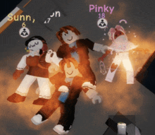 a group of roblox characters including pinky are standing in a dark room