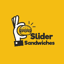 a logo for slider sandwiches with a hand holding a hamburger