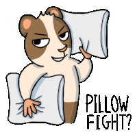 a cartoon of a hamster holding a pillow and the words pillow fight