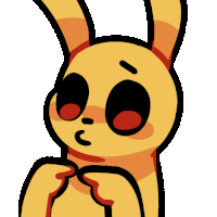 a cartoon of a yellow bunny with red eyes making a surprised face