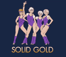 a group of women in purple leotards are standing next to each other with the words solid gold below them