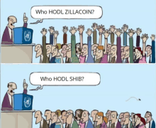 a cartoon of a man giving a speech to a crowd asking who hodl zillacoin and who hodl shib