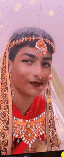 a young man is dressed as a bride and is wearing a veil and jewelry .