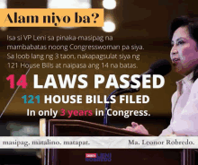 a poster with a woman speaking into a microphone and the words 14 laws passed 121 house bills filed