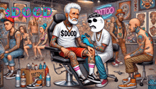 a cartoon drawing of a man getting a tattoo with a sign that says tattoo on it