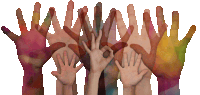 a group of people 's hands are painted in different colors and are reaching up in the air