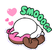 a cartoon drawing of a bunny laying on a donut with the words smooch written above it