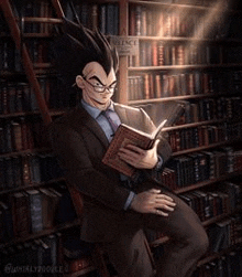 vegeta is sitting in a library reading a book .