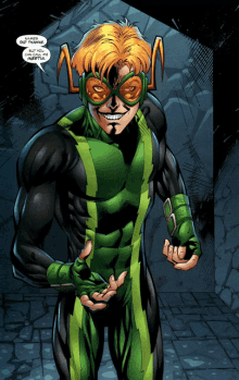 a comic book character in a green and black costume says " names someone "