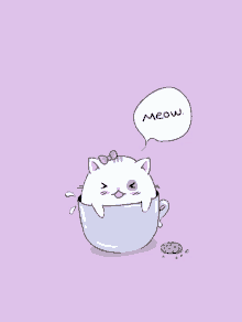 a cartoon cat in a blue cup with a speech bubble that says meow