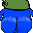 a pixel art drawing of a frog with a green hat and blue pants .