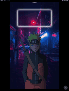 a phone screen shows a picture of naruto with a neon frame around him