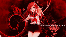 a girl with red hair is surrounded by red swirls and the words welcome to devils on the bottom