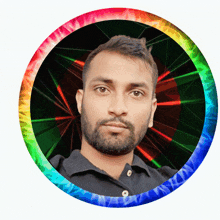 a man with a beard is in a circle with a rainbow colored border