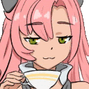 a girl with pink hair and green eyes is holding a cup of coffee .