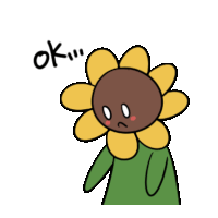 a cartoon drawing of a sunflower with the word ok written above it