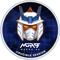 a sticker with a robot head and the words crucible session