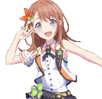 a girl with a flower in her hair is smiling and waving