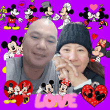 a man and a woman are posing for a picture with mickey mouse and minnie mouse on a purple background