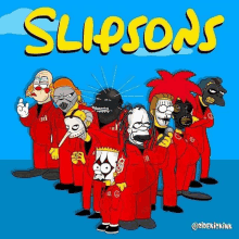 a group of cartoon characters standing next to each other with the word slipsons in yellow