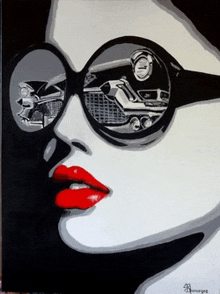 a painting of a woman wearing sunglasses with a car reflected in them