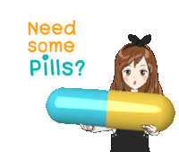 a girl with a giant capsule on her head that says need some pills