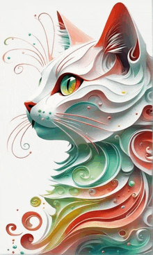 a colorful painting of a cat with swirls and circles around it