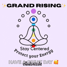 a poster that says " grand rising " and " stay centered "