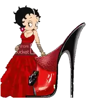 betty boop is wearing a red dress and standing next to a red shoe