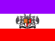 a red white and purple flag with a coat of arms that says orla on it