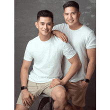 two men wearing white shirts are posing for a photo