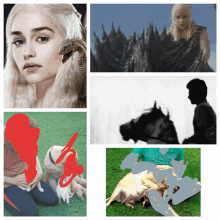 a collage of images including a woman holding a dragon